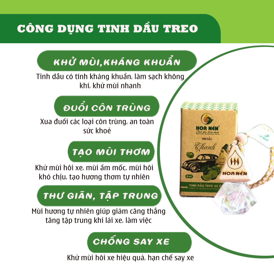 Tinh dầu treo Chanh nguyên chất - Hoa Nén - Khử mùi, chống say xe, thư giãn - 8ml