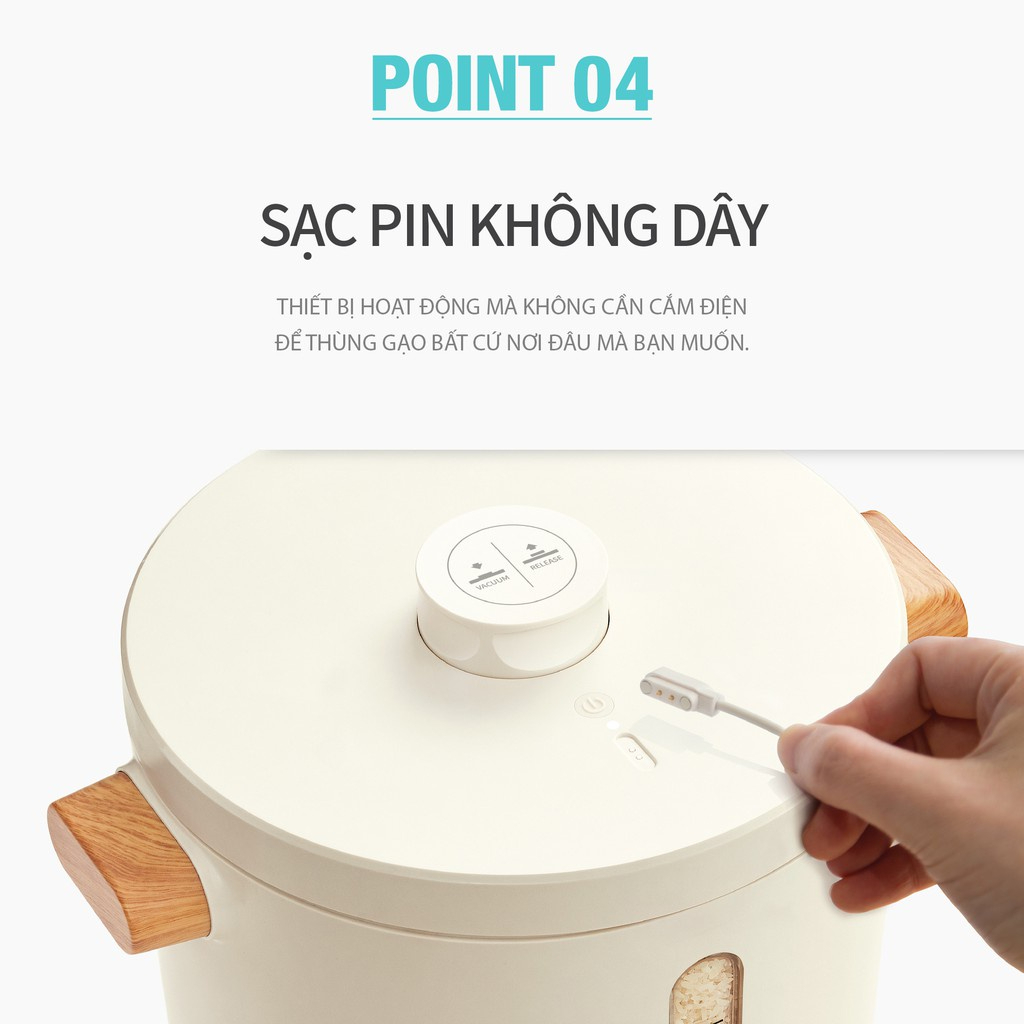 Thùng đựng gạo 7L LocknLock Vacuum Rice Keeper EJR973WHT, Hàng chính hãng, tự động hút chân không, sạc không dây - JoyMall