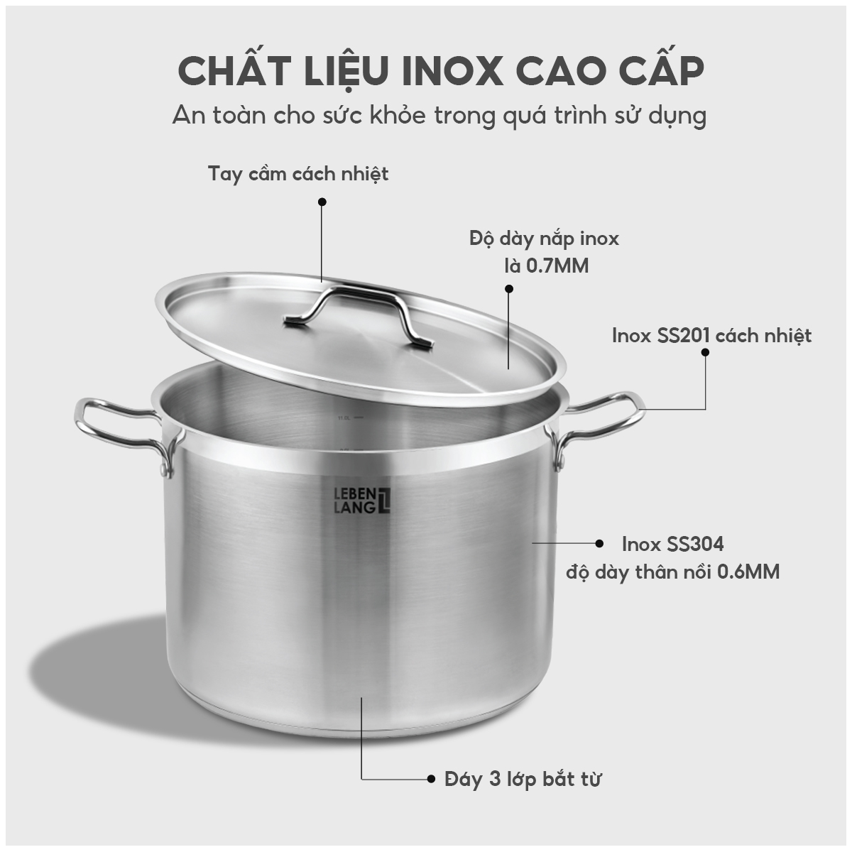 Nồi inox 304 nắp inox đáy 3 lớp Lebenlang LBL2535 và LBL2536, size 26, 30cm, dùng cho mọi loại bếp - hàng chính hãng