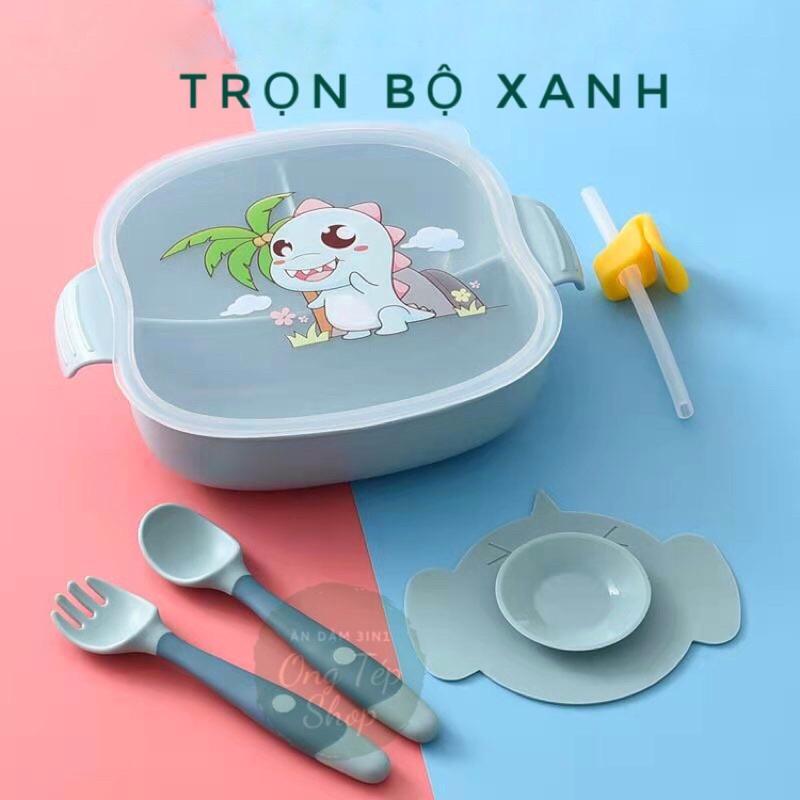 Bộ bát chống đổ chia ngăn cho bé - 5 chi tiết kèm thìa dĩa tập xúc, ống hút silicon và nắp đậy