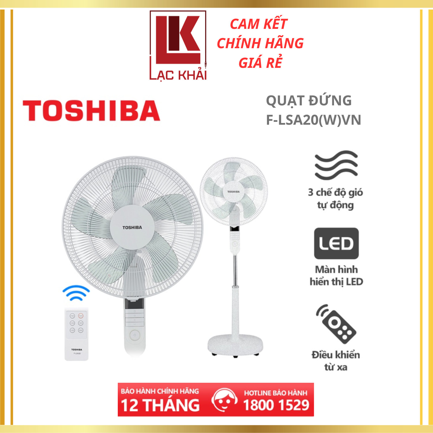 Quạt đứng Toshiba F-LSA20VN, Màu trắng, 60W - Điều khiển từ xa - 5 cánh - Hẹn giờ tắt/mở - Hàng chính hãng, bảo hành 12 tháng
