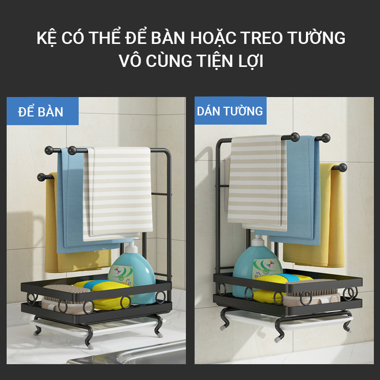 Giá kệ để đồ rửa chén bếp treo khăn lau siêu tiện lợi, kệ thép không gỉ khay hứng nước khô ráo VANDO