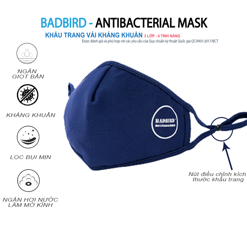 Khẩu Trang Vải Y Tế Kháng Khuẩn Cao Cấp BADBIRD 3 Lớp 4 Tính Năng, Antibacterial Mask, Thương hiệu Việt