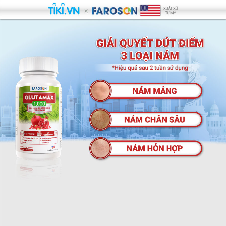 Combo 3 hộp viên uống glutathione Faroson Glutamax 1000 trắng da mờ nám chống nắng 30 viên