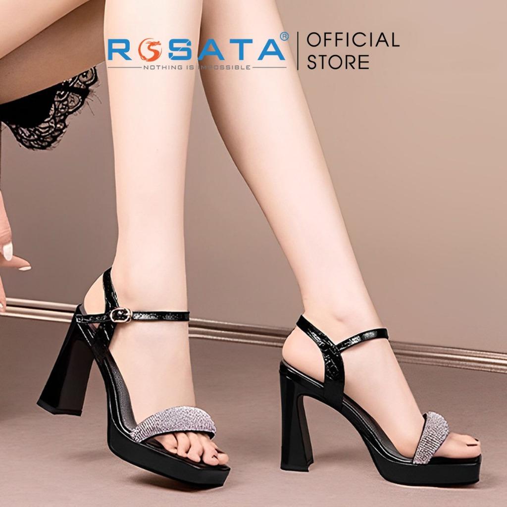 Giày sandal cao gót nữ đế vuông 8 phân mũi tròn phối kim tuyến quai hậu cài khóa mảnh ROSATA RO475 ( Bảo Hành 12 Tháng ) - XÁM