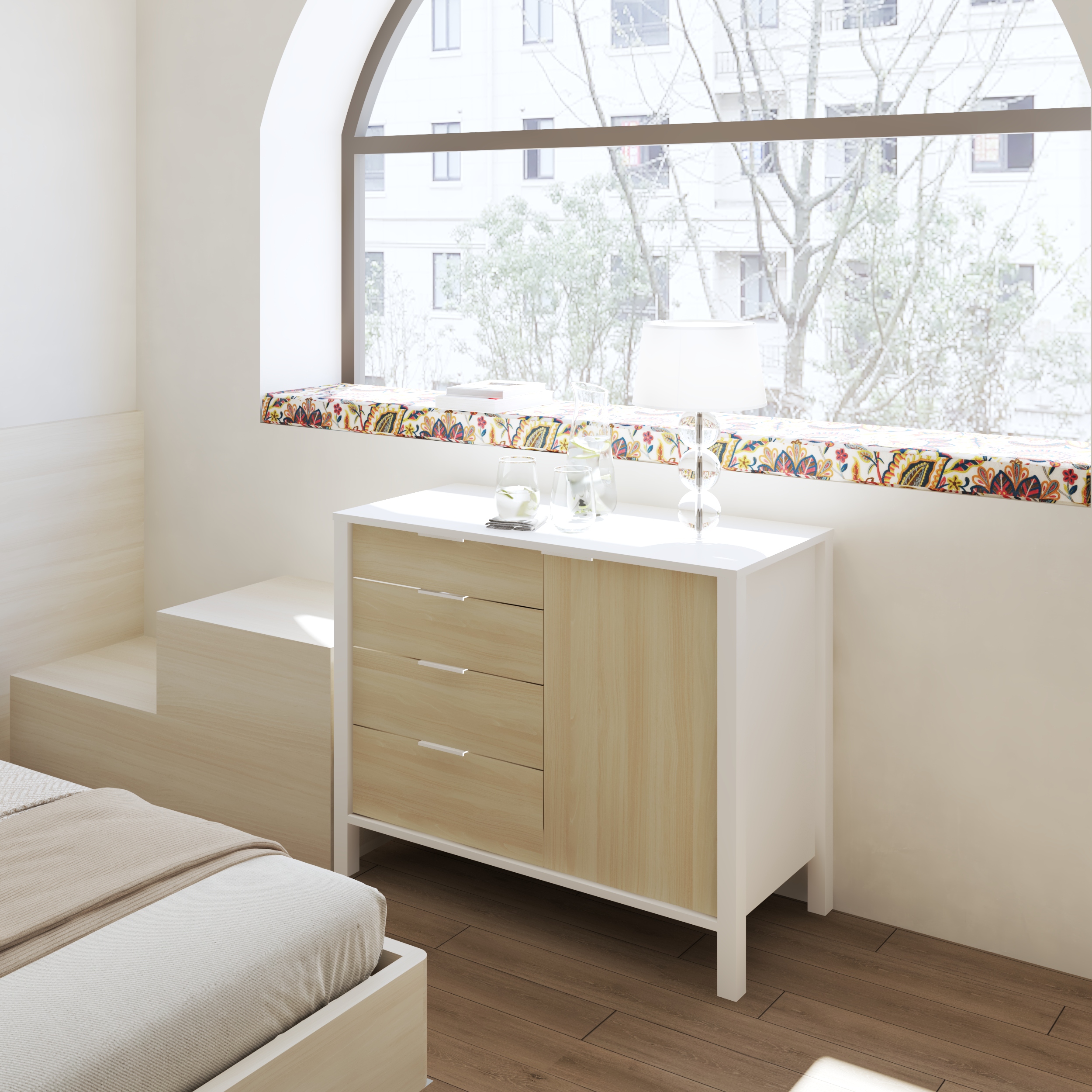 HAPPY FURNITURE , Tủ lưu trữ 4 ngăn kéo 1 cứa mở - MOKA, THK_251 , 100cm x 45cm x 80cm DxRxC
