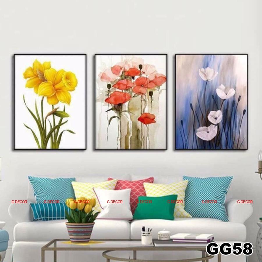 Tranh treo tường canvas 3 bức phong cách hiện đại Bắc Âu 53, tranh hoa trang trí phòng khách, phòng ngủ, phòng ăn