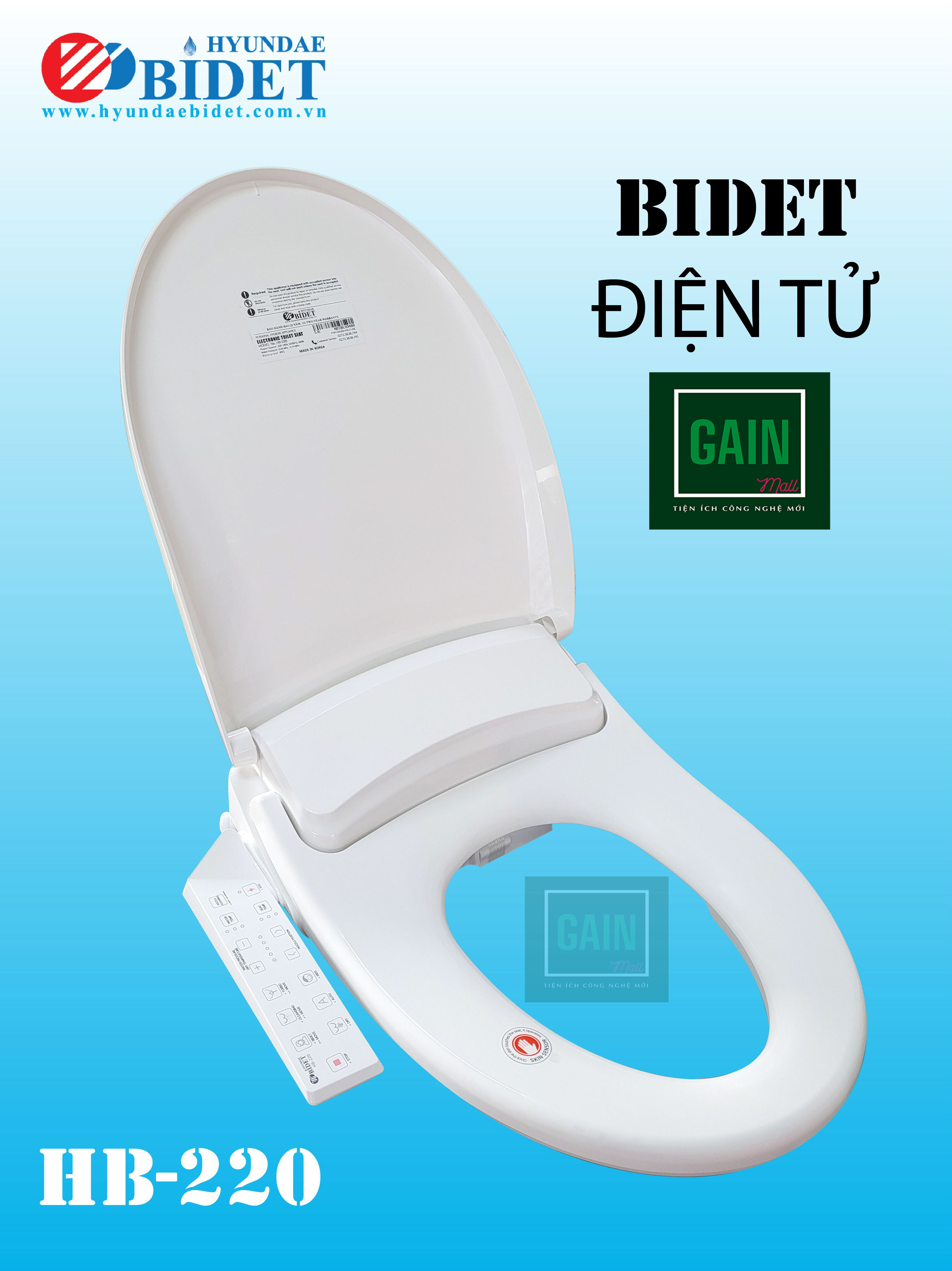 Nắp Bồn Cầu Điện Tử Thông Minh Hyundae Bidet HB220 Nhập Khẩu Hàn Quốc, BH 2 Năm Chống Nước IPX5, Sưởi Bệt Sấy Khô