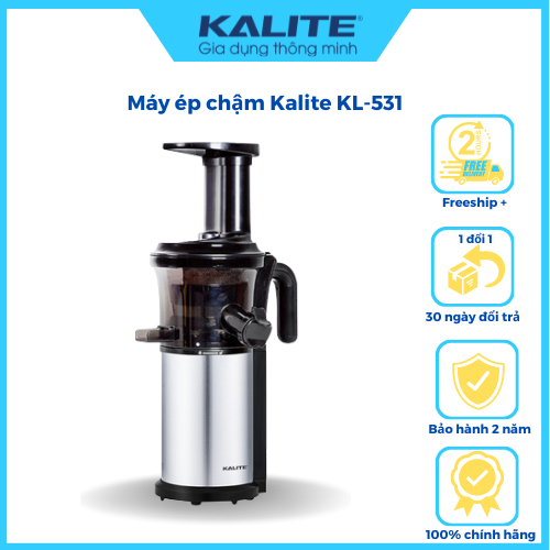 Máy ép chậm Kalite KL 531, công suất 200W, thân máy phủ inox 304, ép kiệt bã, chạy êm, bộ lọc trang bị lọc mịn làm bằng inox 304, hàng chính hãng