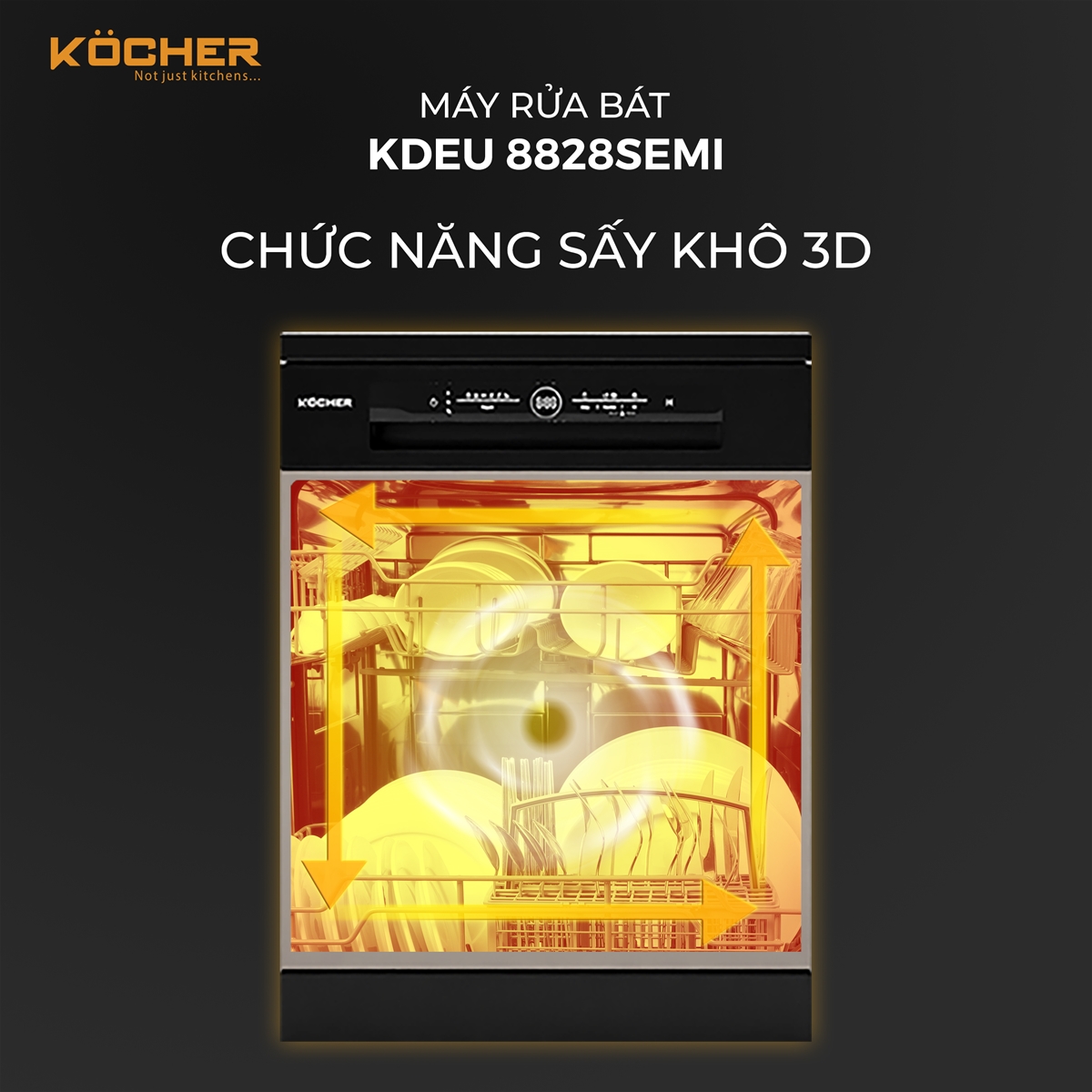 Máy rửa bát Kocher KDEU-8828SEMI chức năng sấy khô 3D tăng gấp 2 lần hiệu quả - Hàng chính hãng