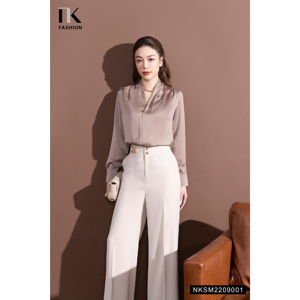 Áo Sơ Mi Dài Tay Thiết Kế Cổ V Vải Lụa Cao Cấp NK FASHION Kiểu Dáng Thanh Lịch Phù Hợp Công Sở Dự Tiệc NKSM2209001