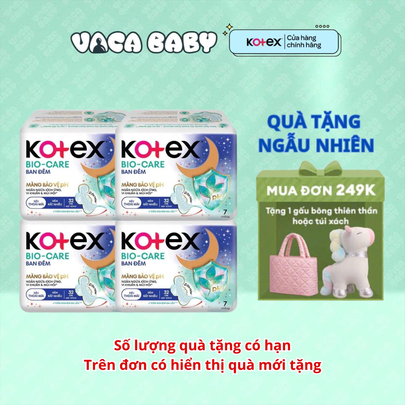 Combo 4 Gói Băng vệ sinh Kotex Biocare Ban Đêm Mặt bông siêu mỏng có cánh 32cm 7 miếng