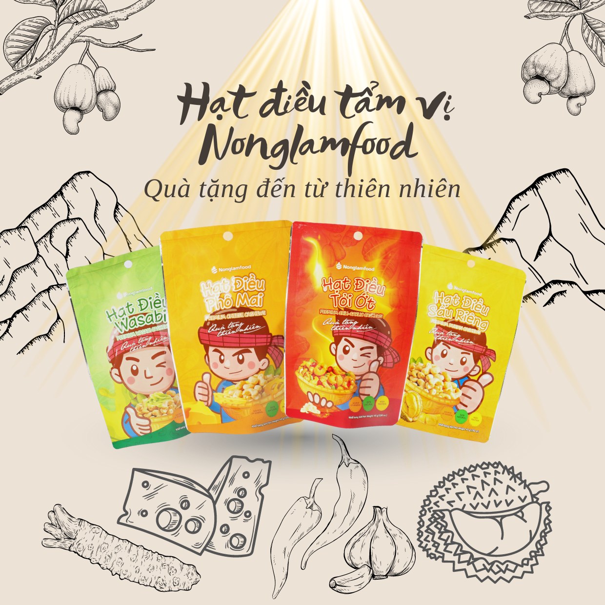 Hạt điều tỏi ớt-Phô mai-Wasabi-Sầu riêng 45g Nông Lâm Food đồ ăn vặt healthy hạt lớn đầy đặn,không nứt vỡ hương vị mới lạ bùng nổ