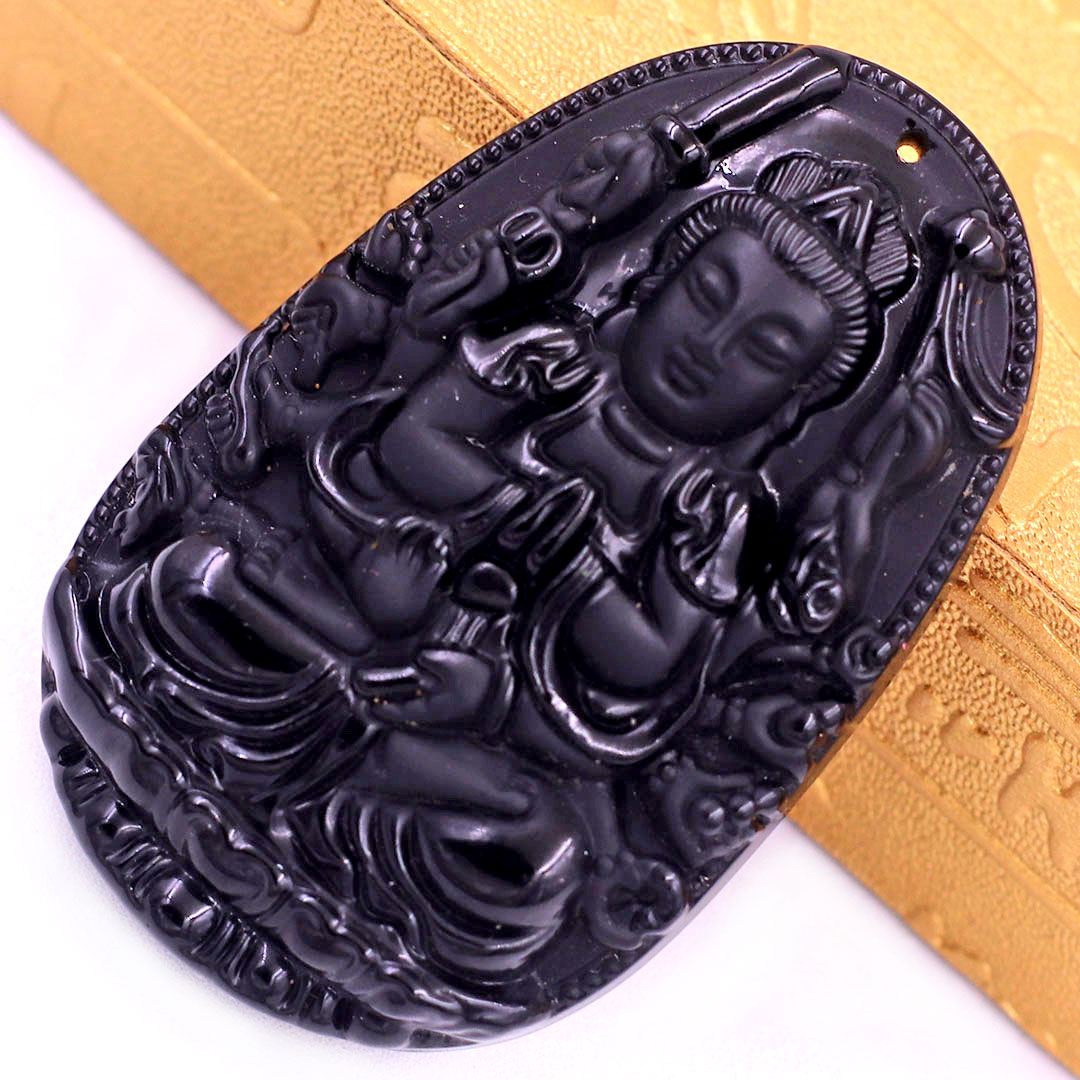 Mặt Phật Thiên thủ thiên nhãn đá thạch anh đen 3.6 cm kèm móc và dây chuyền inox, Mặt Phật bản mệnh, Quan âm nghìn tay nghìn mắt