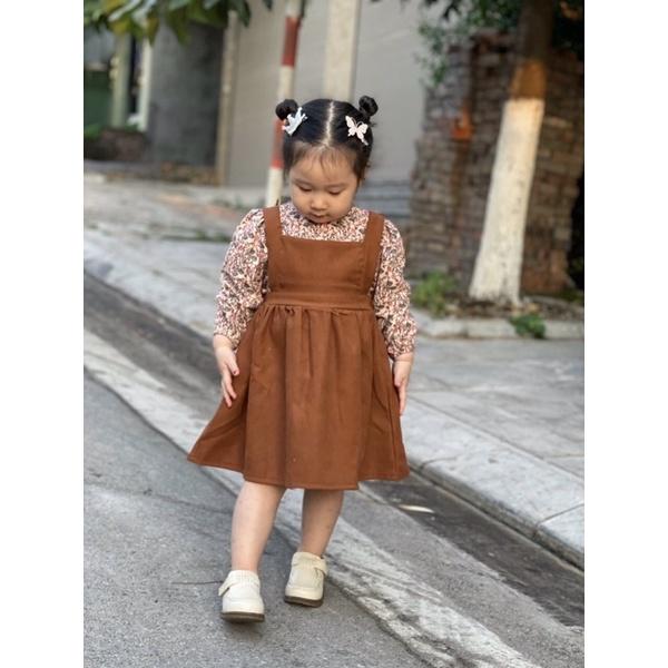 Váy yếm bé gái sét 2 chi tiết LINA KIDS- yếm nhung áo hoa váy thu đông dài tay