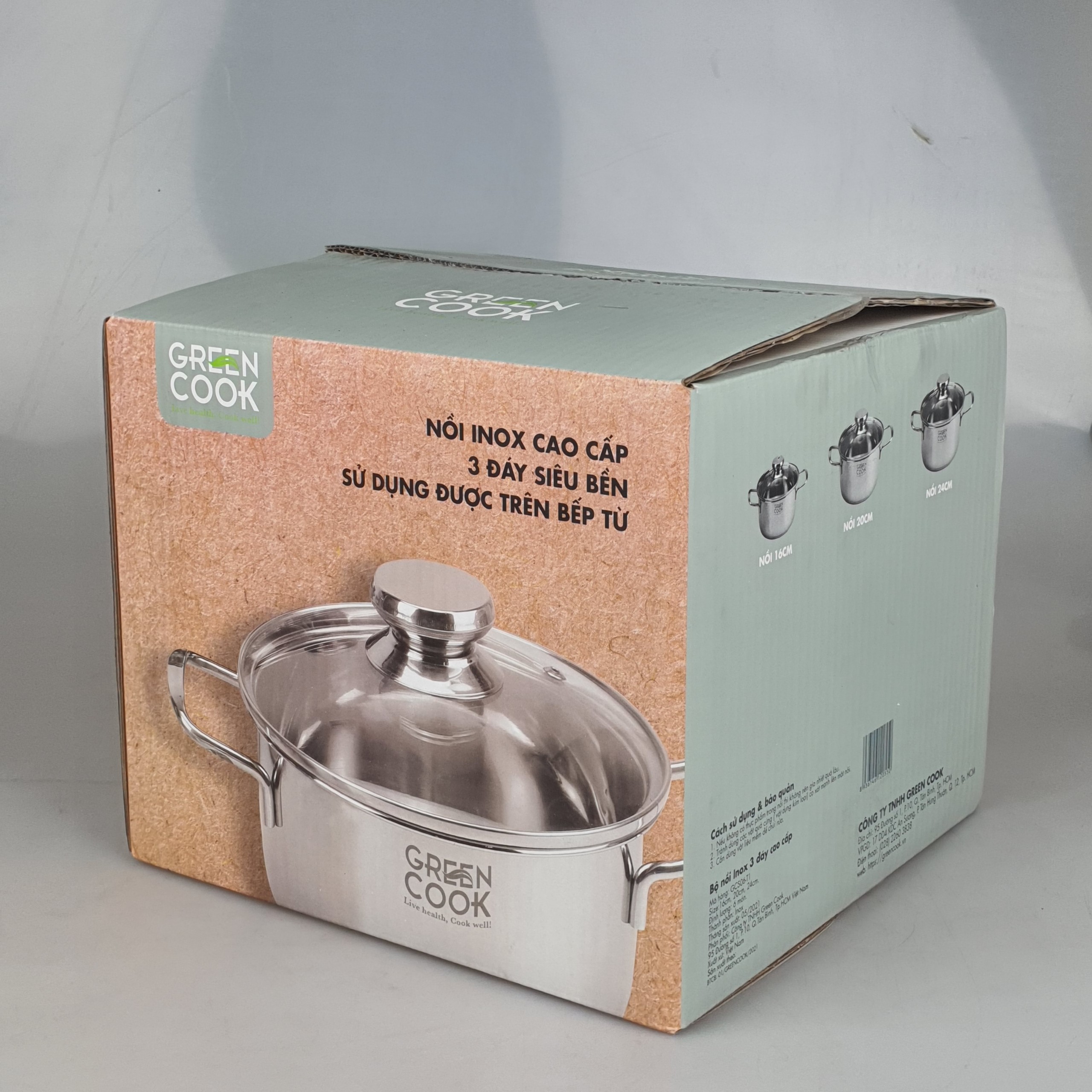 Bộ 3 nồi inox đáy từ 3 lớp Greencook GCS06 dùng được trên mọi loại bếp, quai cách nhiệt size 16/20/24cm