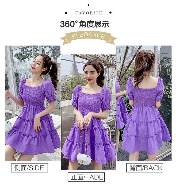 DIYIWEI Phụ nữ mùa hè 2023 Square Neck Pleated Bubble Sleeve Thu hẹp eo Khoai tây tím Vintage Pháp Orange Terrier Dress