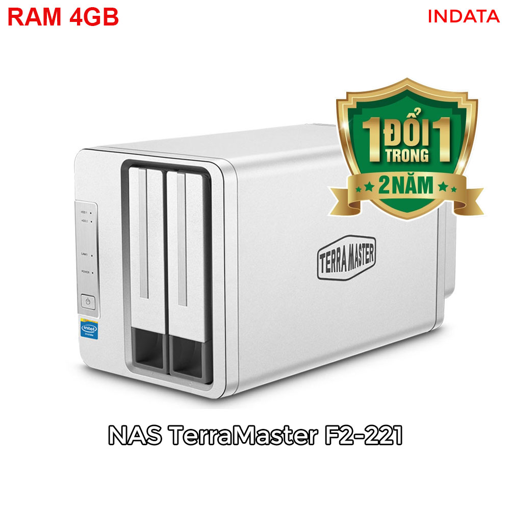 Bộ lưu trữ mạng NAS TerraMaster F2-221, Intel Dual-core 2.0GHz, 4GB RAM, LAN 2x 1GbE, 2 khay ổ cứng RAID 0,1,JBOD,Single - Hàng chính hãng
