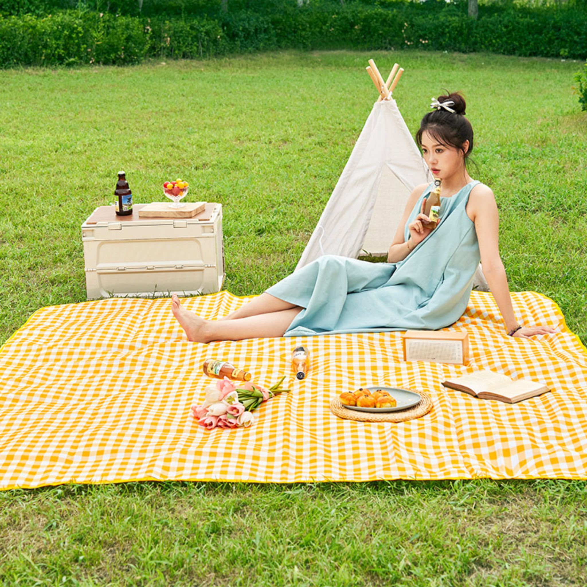 Thảm picnic Suncojia, thảm chống ẩm, kiểu sọc vàng trắng, thảm bãi biển, kích thước 2×2 mét