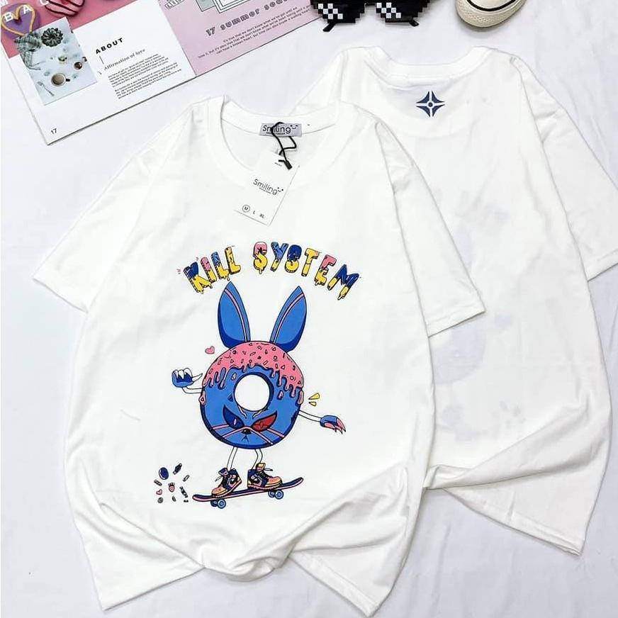 Áo thun nam nữ unisex form rộng in hình thỏ màu xanh trắng