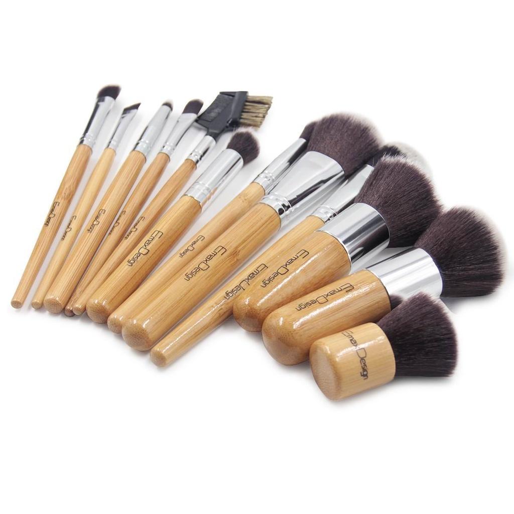 TÚI 12 CỌ TRANG ĐIỂM CHUYÊN NGHIỆP - SỢI KABUKI - CÁN TRE EmaxDesign 12 Pieces Makeup Brush Set Professional