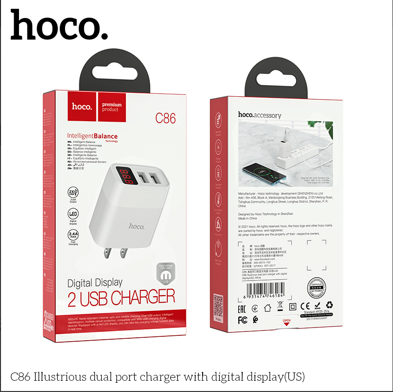 Cóc Sạc Nhanh Hoco C86 2 Cổng USB Màn Hình Led 2.4A dùng cho điện thoại iphone samsung - hàng chính hãng