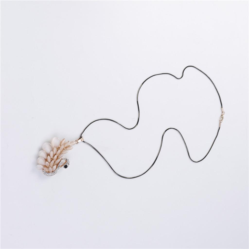 Charm Opal Crystal Swan Pendant Necklace Rhinestone Sweater Chain Necklace