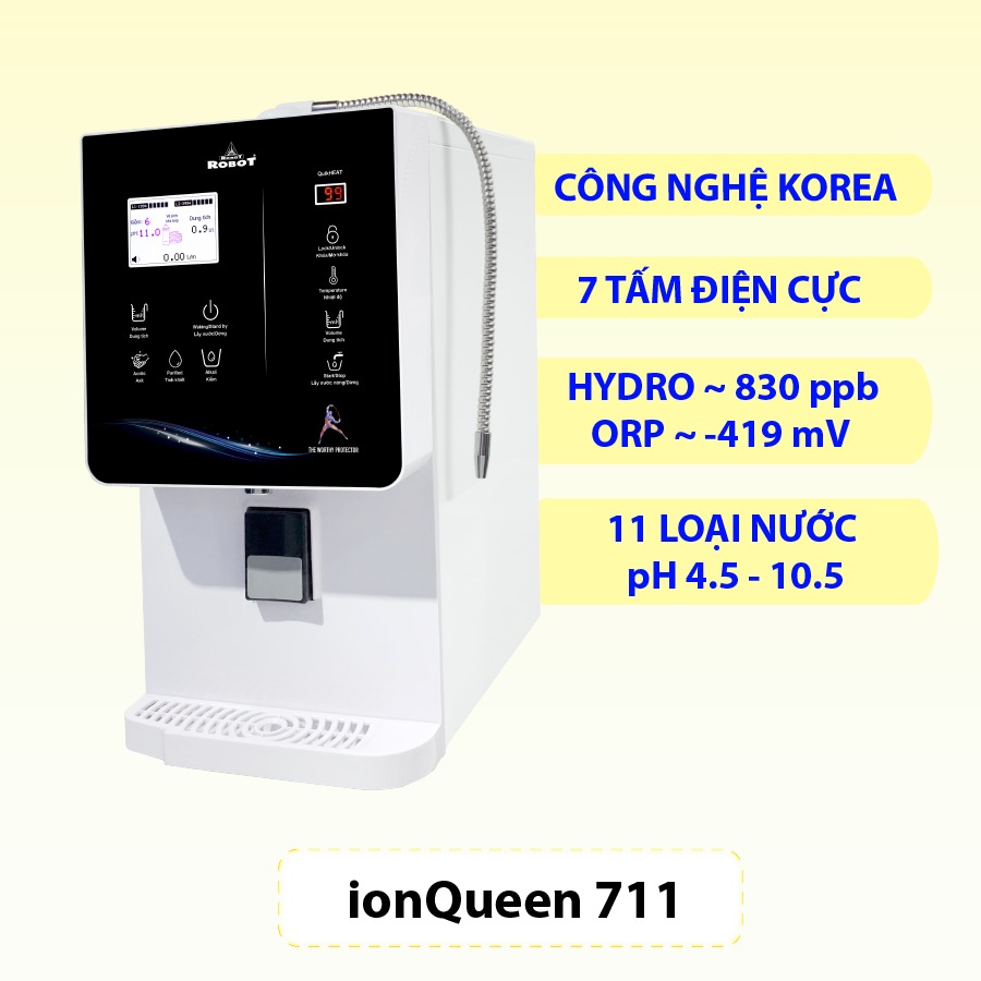 Máy Lọc Nước Điện Giải Ion Kiềm ROBOT IonQueen 711 Chế Độ Nóng Nguội Lạnh - 7 Tấm Điện Cực Titanium Phủ Platium - Hàng Chính Hãng