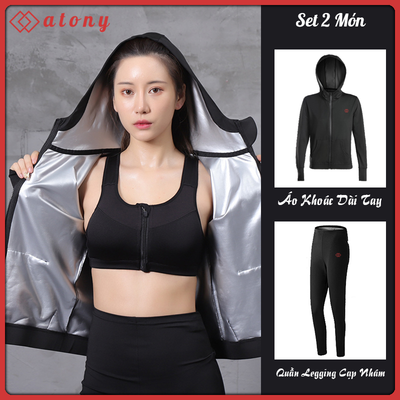 Bộ Đồ Tập Tan Mỡ Bụng ATONY Cao Cấp Cho Nữ - Sinh Nhiệt, Đổ Mồ Hôi, Hỗ Trợ Giảm Cân, Đốt Cháy Calories, Mỡ Thừa (Áo Khoác Có Mũ + Quần)