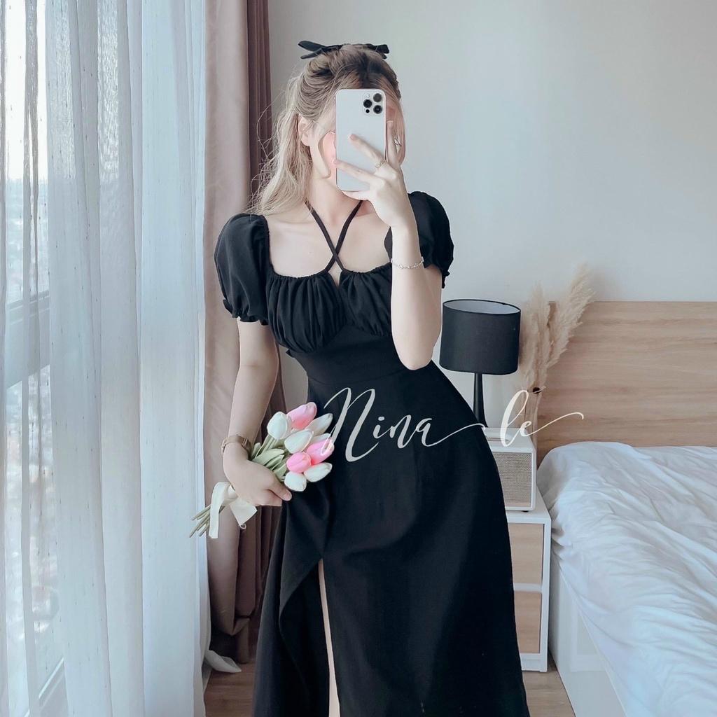 Đầm nữ bèo dây cổ dáng xòe xẻ tà màu đen quý phái