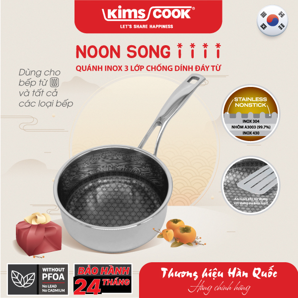 Quánh KIMS COOK Noon Song inox 3 lớp đáy từ nắp kính chống dính 2 mặt