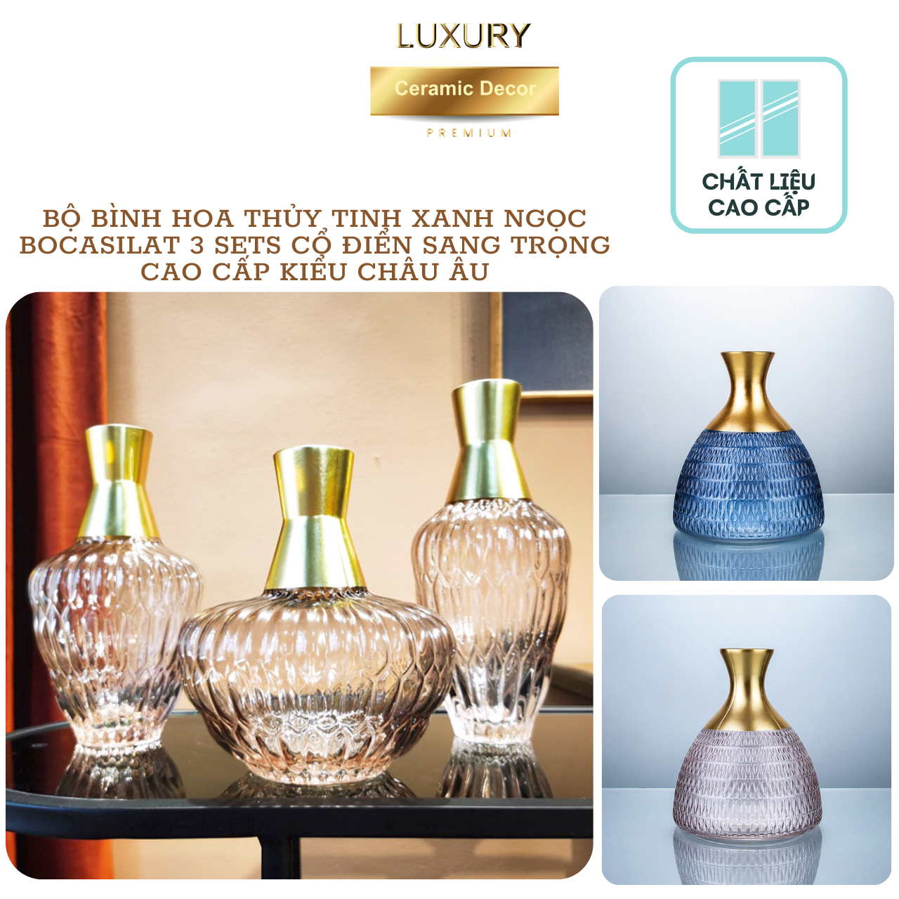 Cặp Bình Cắm Hoa Dáng Lùn Bocasilat 3 Sets Cổ Điển Sang Trọng Cao Cấp Kiểu Châu Âu DECOR LUXURY - Hàng Nhập Khẩu