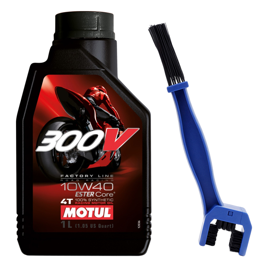 Combo Nhớt Xe Mô Tô Phân Khối Lớn Motul 300V Factory Line 10W40 (1L) + Bàn Chải Vệ Sinh Sên 3D