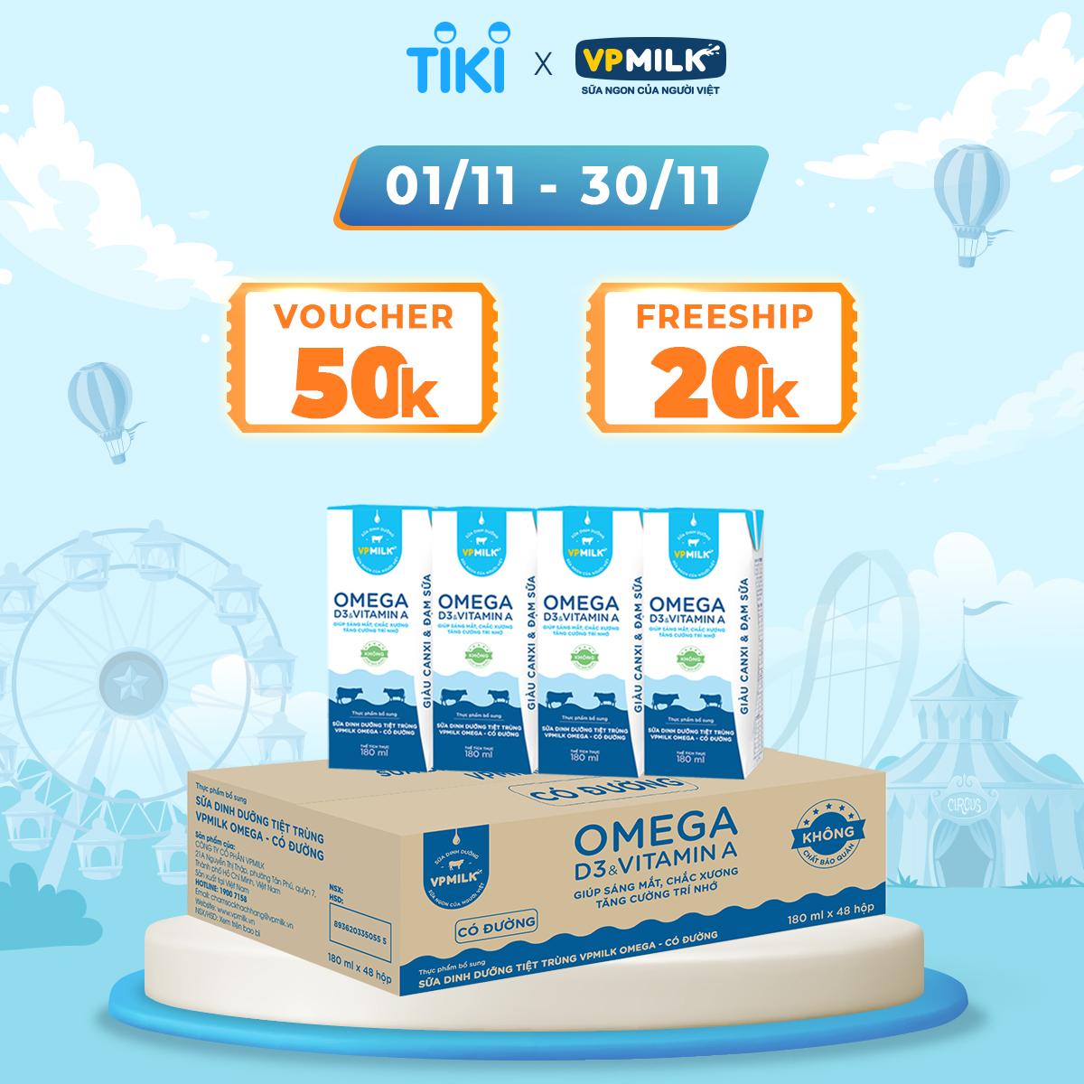 Sữa Dinh Dưỡng Tiệt Trùng VPMilk Omega Có Đường dạng hộp cho bé trên 1 tuổi 180ml (thùng 48 hộp)