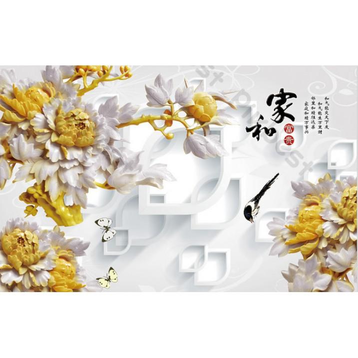 Tranh 3d phòng khách phòng ngủ hiện đại dán tường - Hoa Mẫu Đơn vàng kim