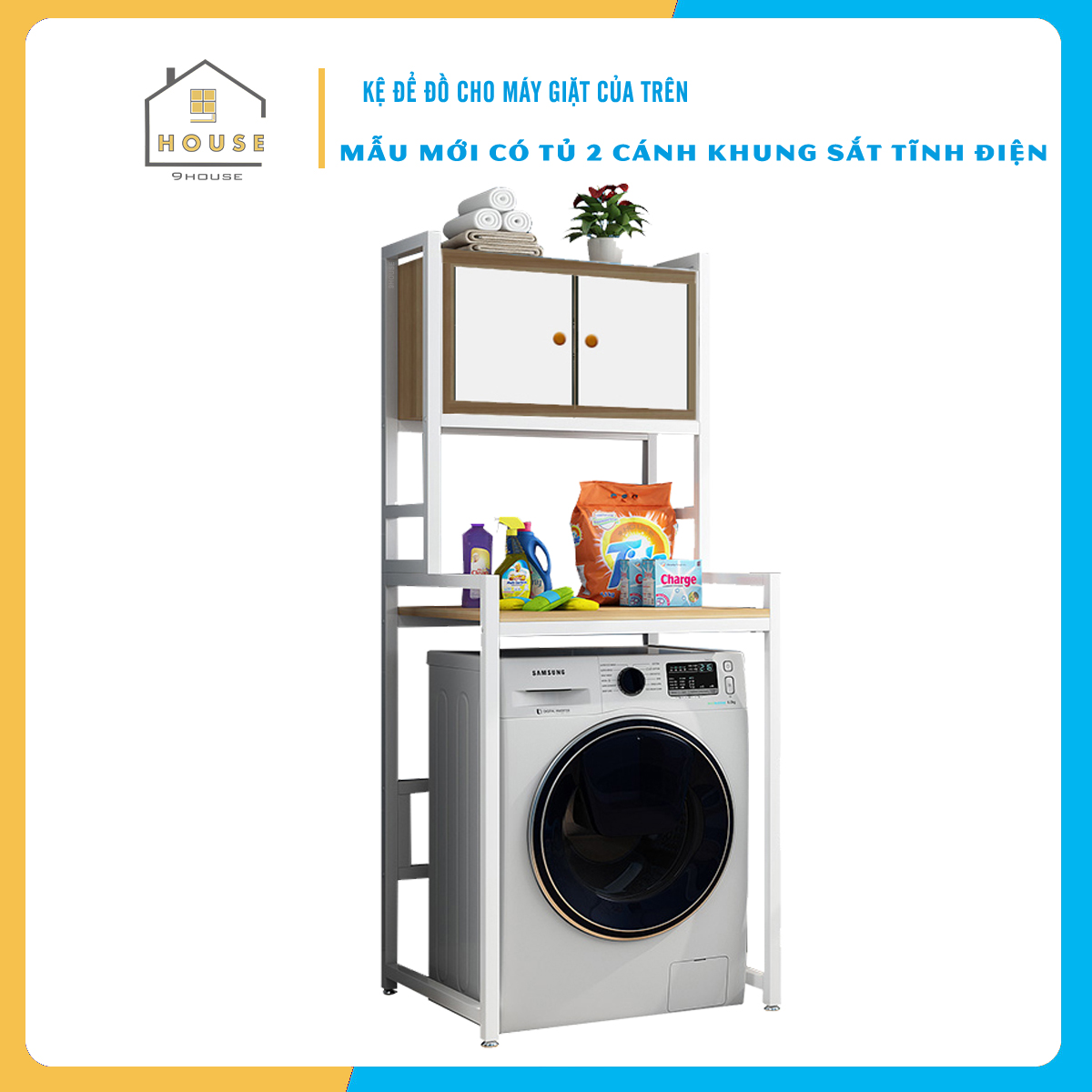 Kệ máy giặt 3 tầng Có Tủ KMG06 thương hiệu 9House,kệ để đồ trên máy giặt loại khung thép dày dặn sơn tĩnh điện chống bong tróc, gỗ lõi xanh phủ melamine chống nước cực bền, ,Sản xuất tại Việt Nam - Hàng chính hãng