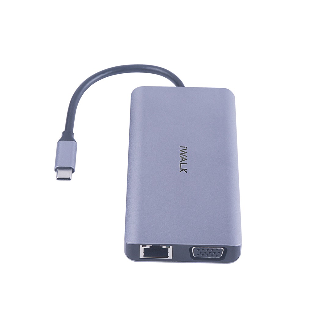 Hub chuyển đổi USB-C iWALK ADH007 9 in 1 4K HDMI, Quick Charge PD 3.0 100W với 9 cổng 3*USB/HDMI/SD/TF/RJ45/VGA/Type C dành cho Macbook Pro, iPad Pro và các thiết bị cổng Type-C - Hàng chính hãng