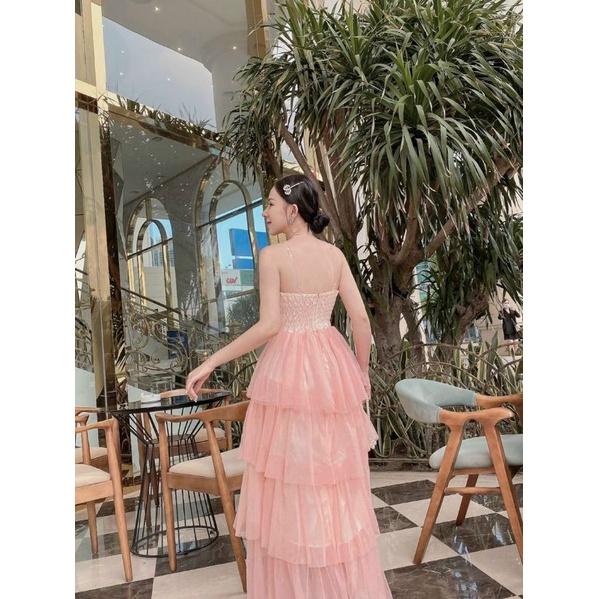 ĐẦM MAXI CÚP NGỰC HỒNG XẾP TẦNG