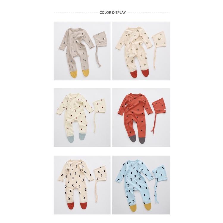 Bodysuits cotton dài tay kèm mũ cho bé sơ sinh từ 0 đến 24 tháng, style Hàn Quốc