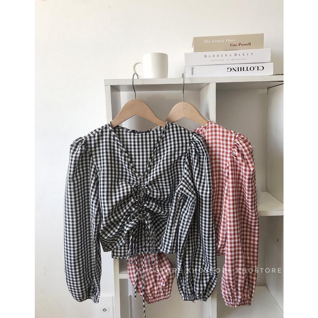 Áo croptop tay dài nhún ngực tôn dáng, áo đi biển tay phồng caro 2 màu, áo dây rút kiểu dáng hàn quốc, vải cotton mát