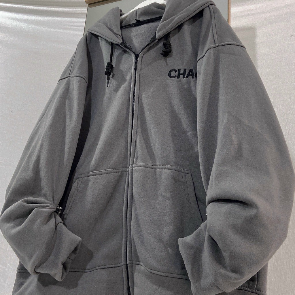 Áo khoác hoodie zip XANH RÊU form rộng nam nữ vải nỉ lót bông thêu chữ CHAOS, áo khoác chống nắng nỉ ngoại thời trang unisex ulzzang hàn quốc
