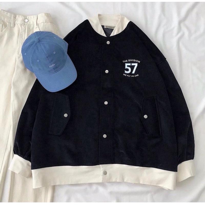 Áo khoác cardigan kaki nhung gân 1 lớp thêu số 57 phối màu unisex ulzzang nam nữ