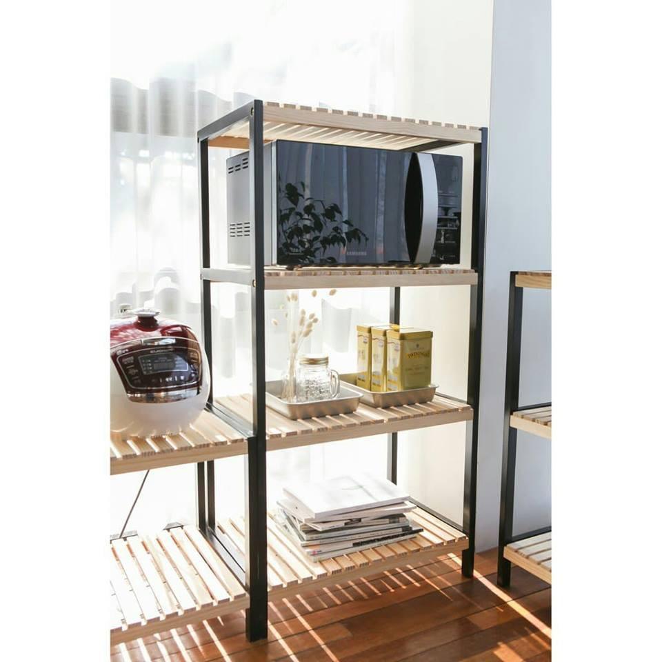 Kệ Gỗ 4 Tầng Để Lò Vi Sóng / Kệ Bếp Đa Năng - Phối Chân Sơn Đen