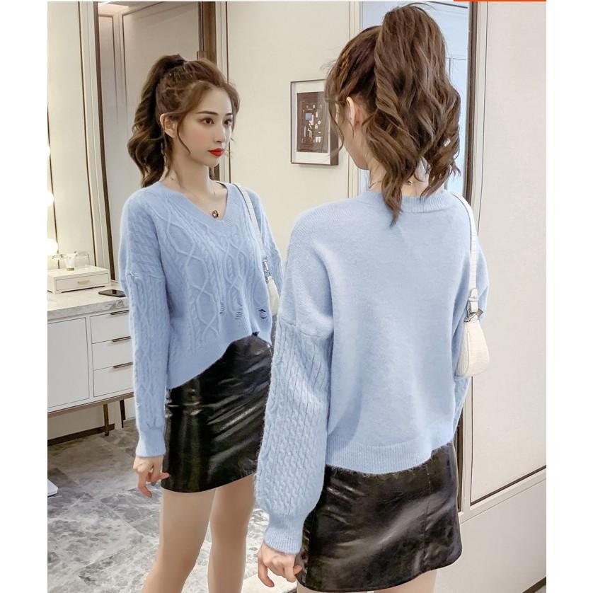Áo len nữ Montoghi dệt kim THẮT THỪNG phối RÁCH kiểu dáng đuôi tôm sang trọng