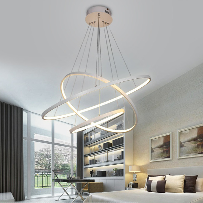 Đèn thả OLIWAN hình tròn 3 vòng viền trắng trang trí nội thất sang trọng, hiện đại - 3 chế độ ánh sáng - điều khiển từ xa.