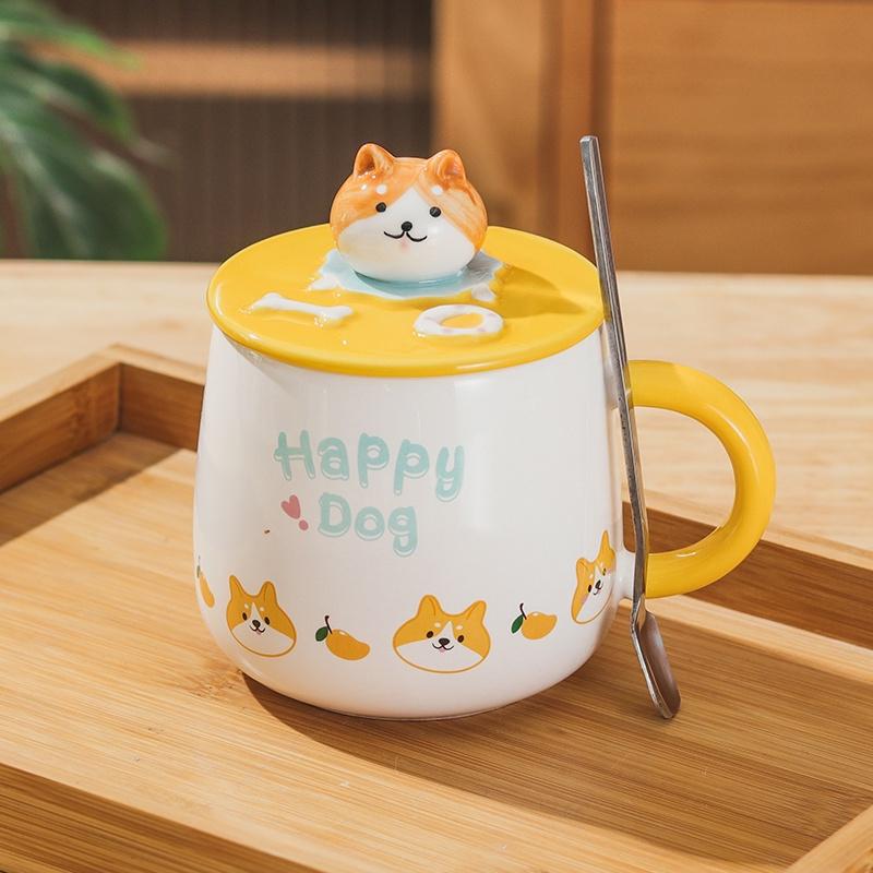 Cốc Gốm Sứ Vẽ Tay Chú Chó Corgi, Shiba Inu Cute Dễ Thương 400ml Có Nắp Và Thìa