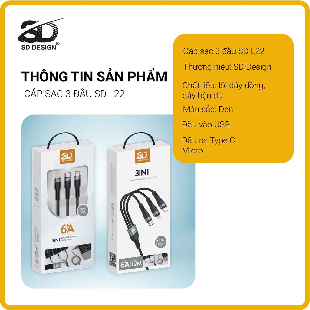 Cáp Sạc 3 Đầu L22 SD Đa Năng 3 in 1 Micro Type C Dây Bện Dù Siêu Bền Dùng nhiều dòng điện thoại