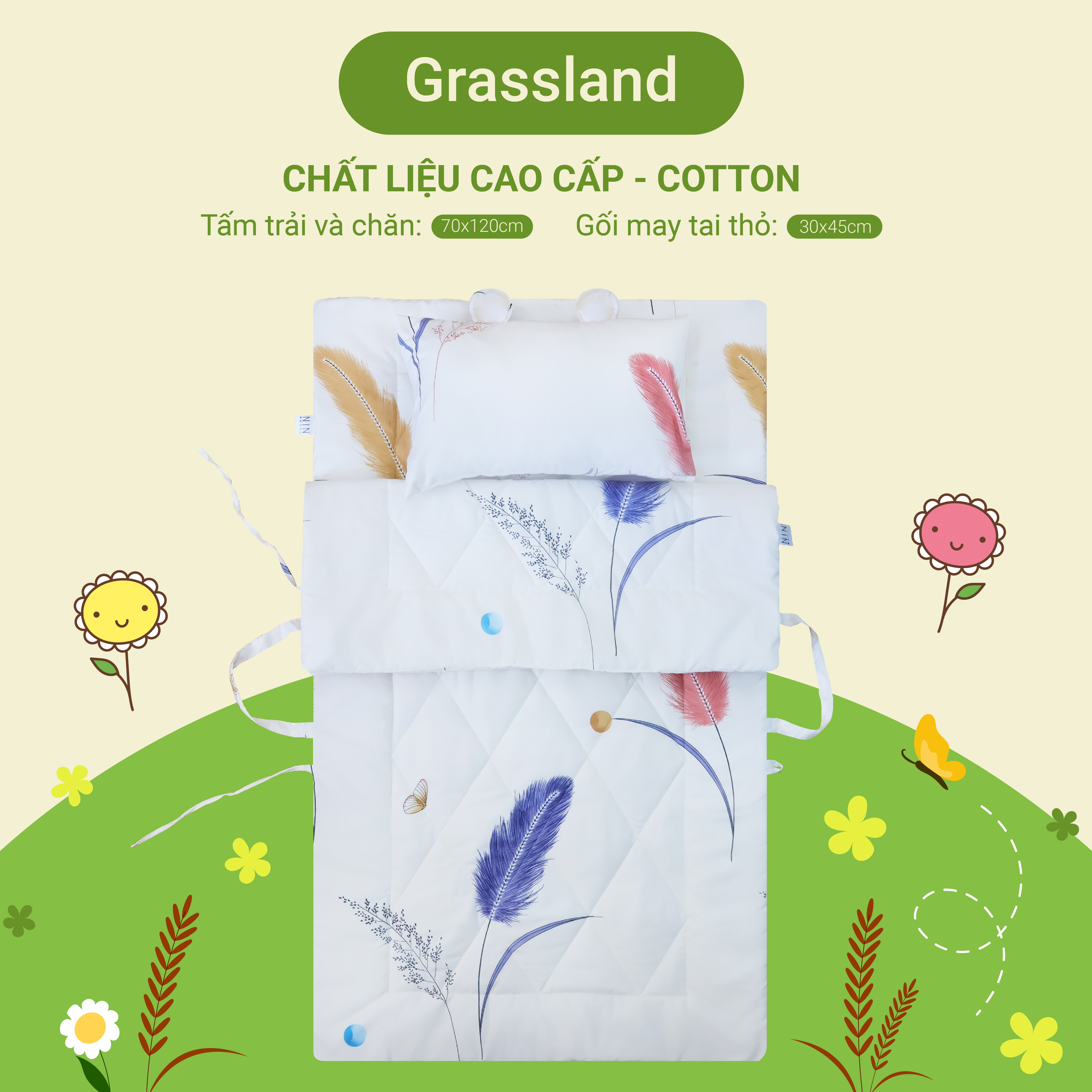 Bộ 5 món tiện lợi cho bé đi học mầm non, tiểu học NIN House hoạ tiết Grassland 70x120cm chất liệu cotton dễ thương, 1 tấm trải chống trượt, 1 chăn, 1 ruột gối, 1 vỏ gối, 1 túi xách