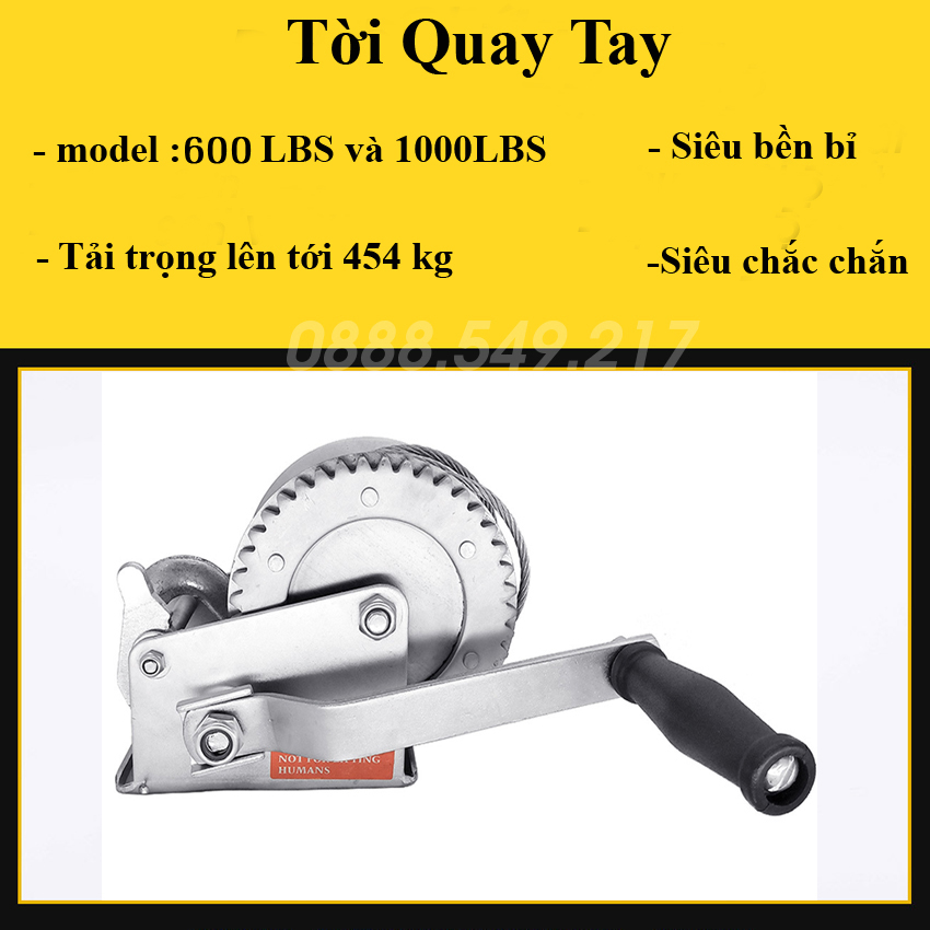 Tời Quay Tay Siêu Khỏe Thép Đặc Không Rỉ  Tặng Kèm Móc Và 8m Dây Loại Lớn Đủ Phân Loại 600 - 1000 LBS Tải Trọng Lên Tới 450kg