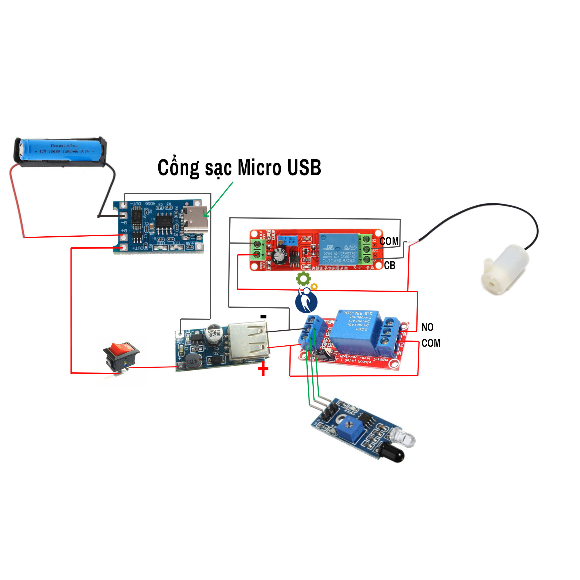 Bộ Linh Kiện Chế Máy Rửa Tay Máy Rót Ruou Dùng Pin Sạc 18650 Có Cổng Sạc Micro USB